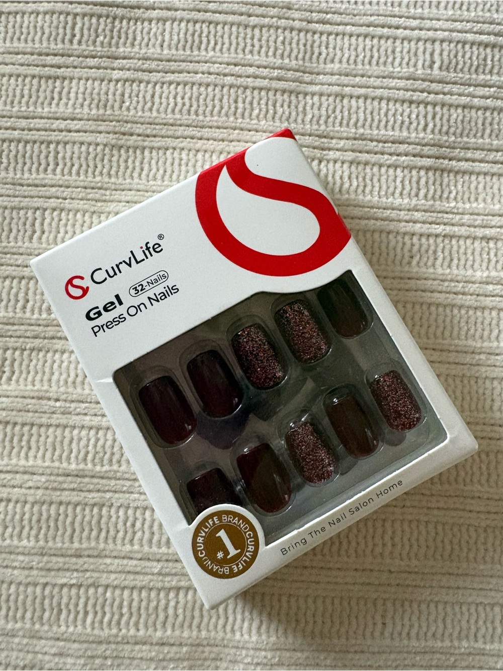 Curvlife Gel Press-On Nails in Deep Burgundy with Sparkle Accents
